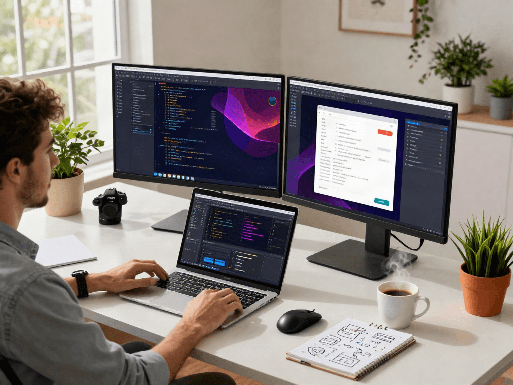 Developer working on cocoflix apk at modern workspace with vibrant code and design layout.