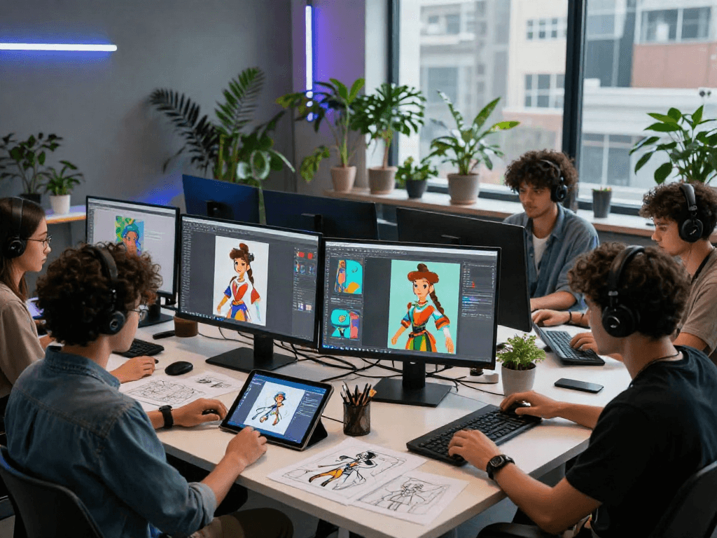 Creative digital artists developing character ai nsfw designs in a modern studio.
