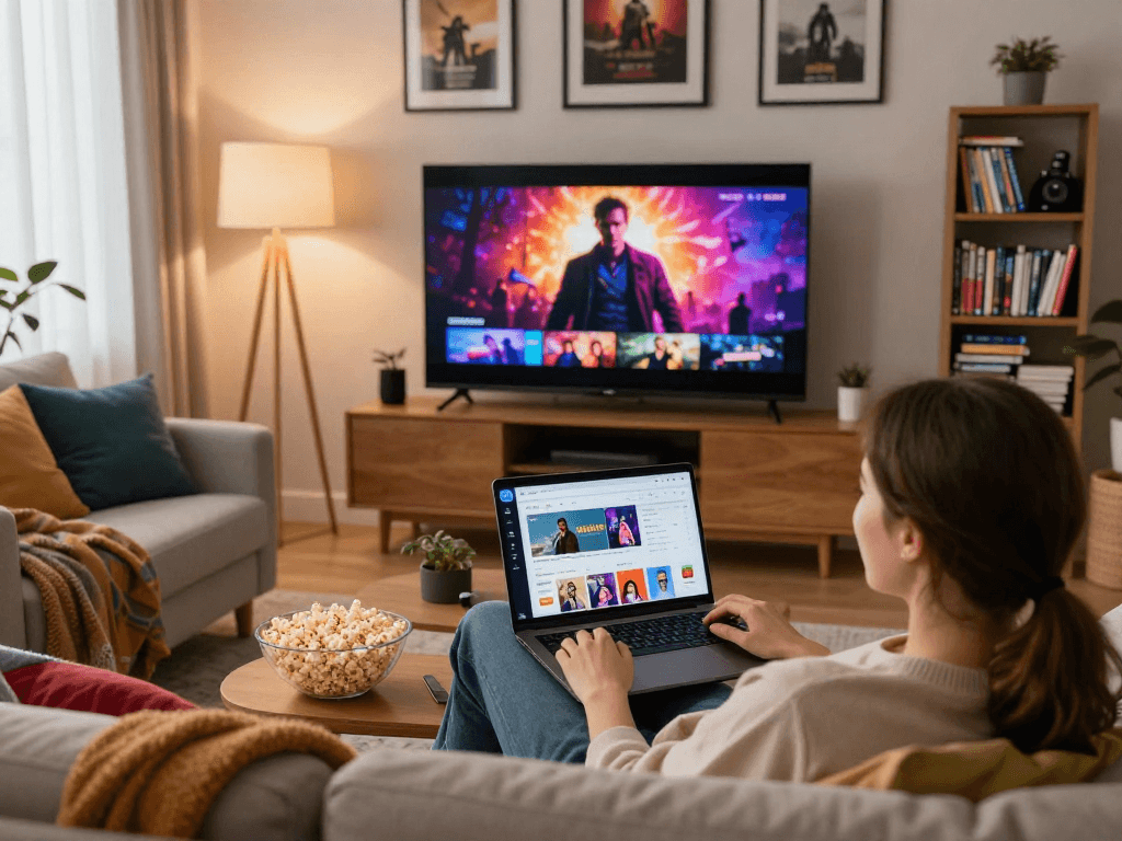 Enjoying the Pikashow app in a cozy living room with modern decor.
